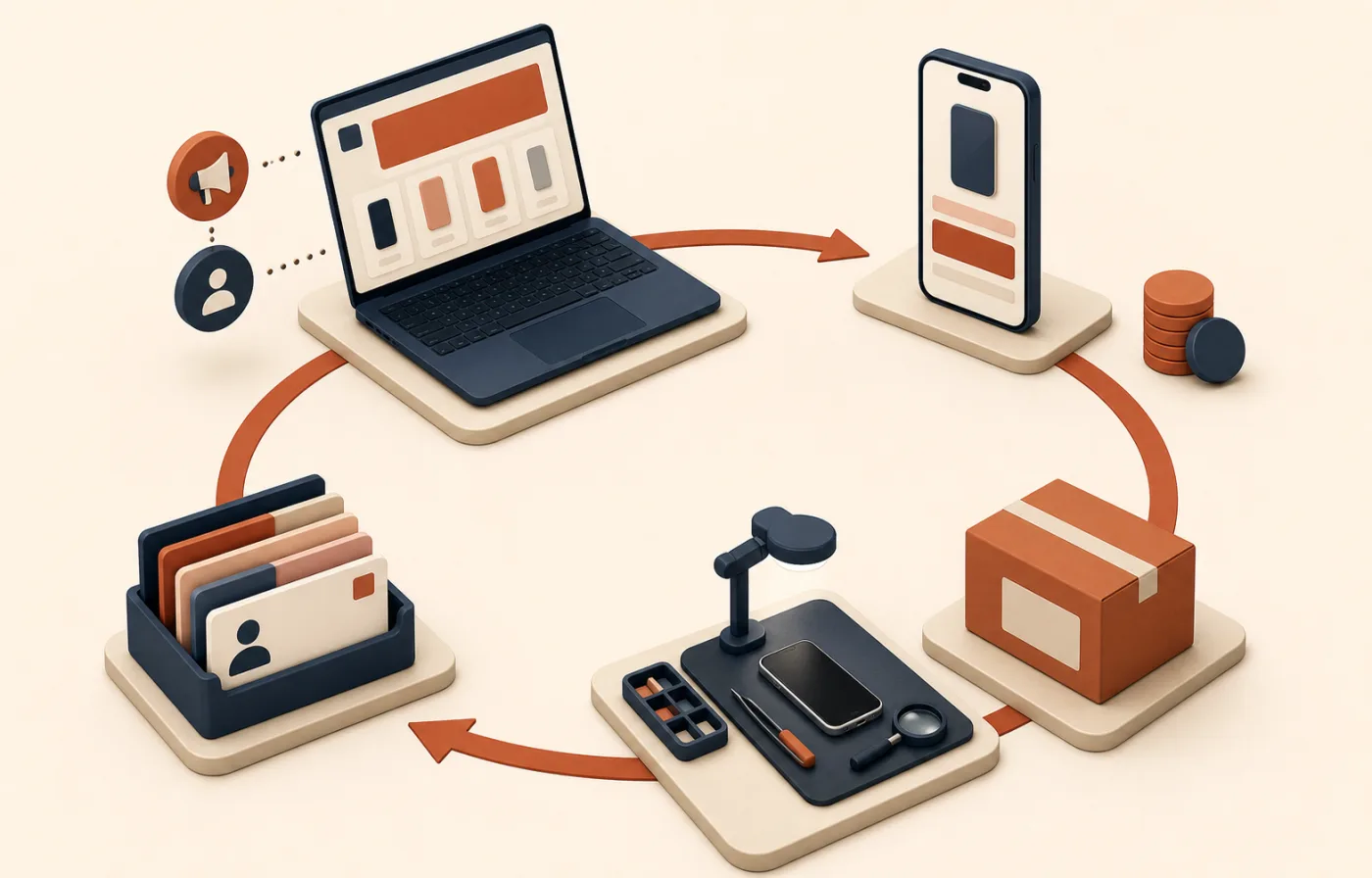 Isometric illustration of traffic entering a buyback storefront, a seller accepting a quote, a phone being shipped and inspected, and a complete lead reaching the reseller.